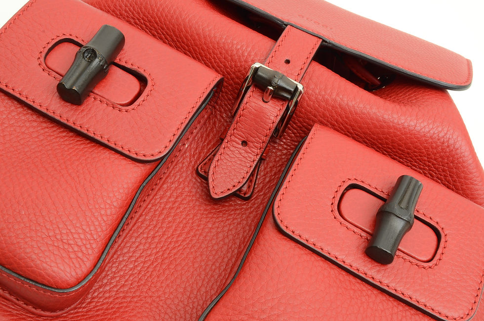 Thumbnail: Authentic Gucci Red Leather Black Bamboo Toggle Wood Backpack SP Tiestring Bag