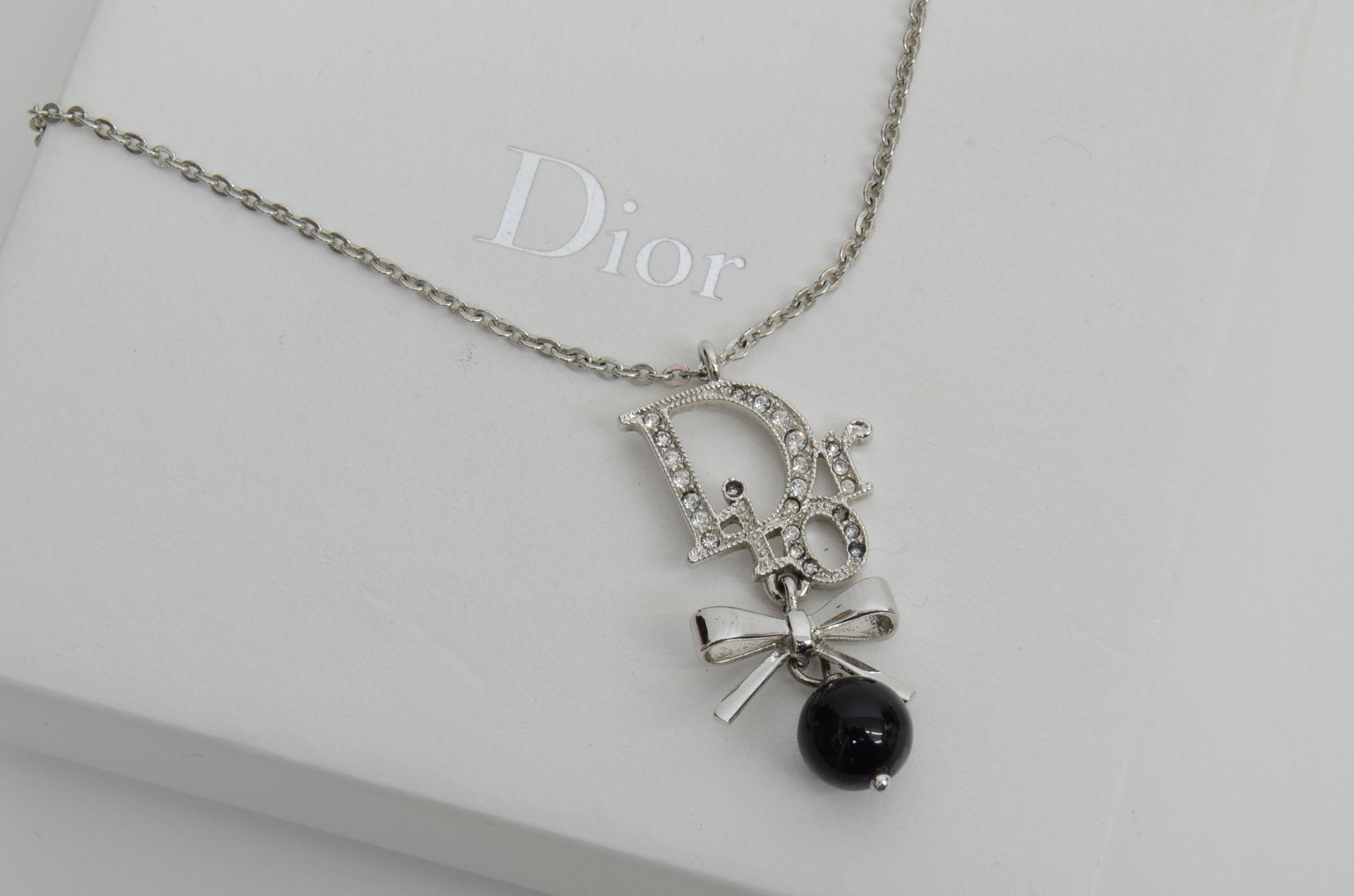 Authentic Christian Dior Monogram Rhinestone SP Ribbon Black Ball Charm Necklace