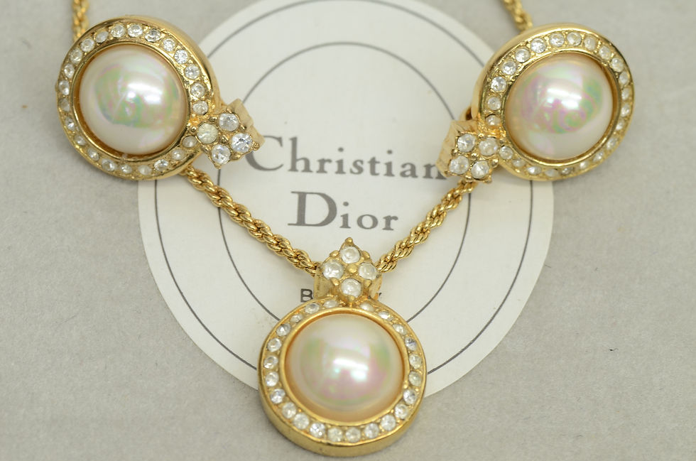 Thumbnail: Authentic Dior Pearl Necklace Earring Set Vintage GP Rhinestone Jewelry with Box