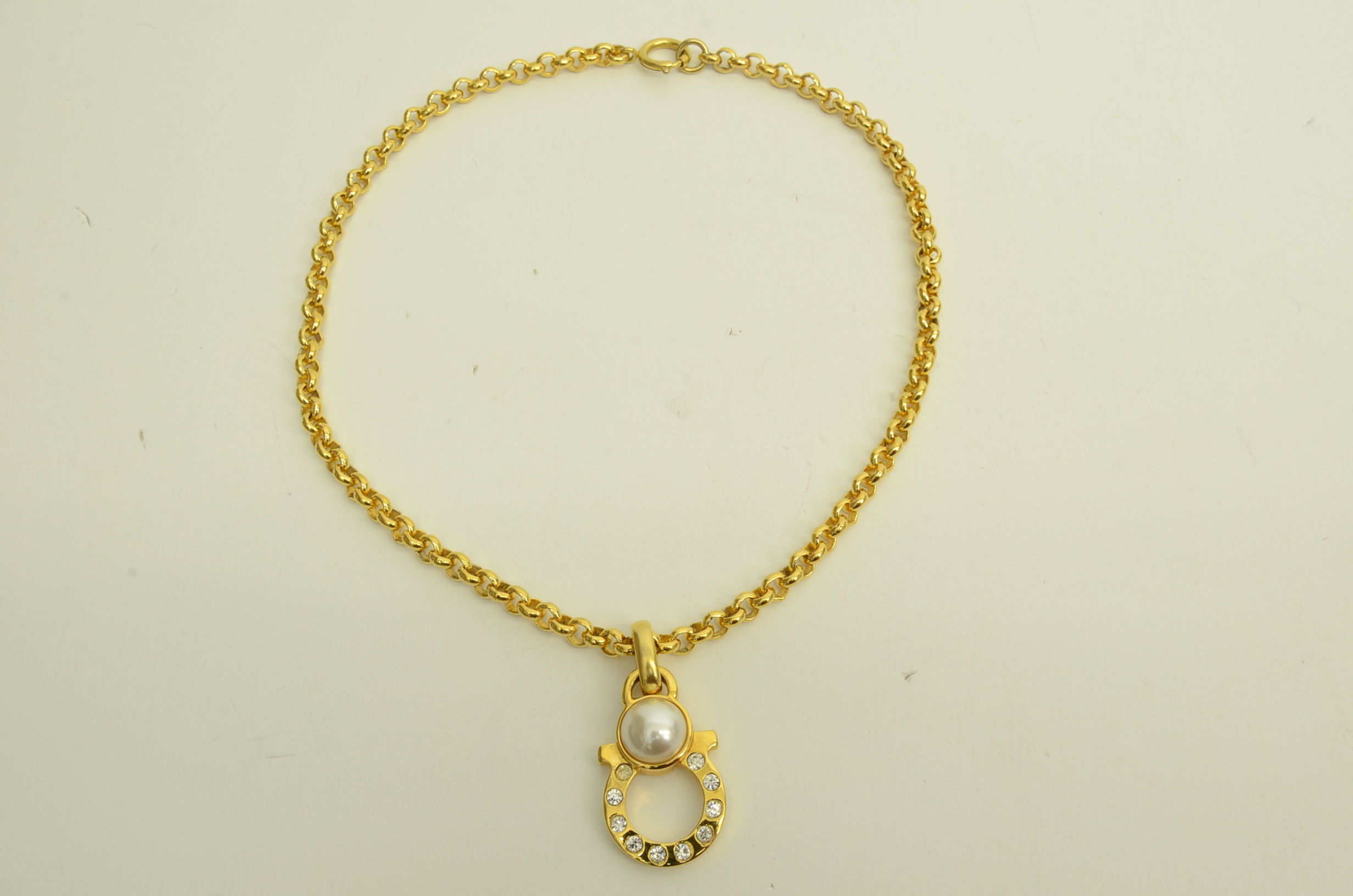 Authentic Ferragamo Necklace Gancini Charm Emblem GP Pearl Jewelry Accessory