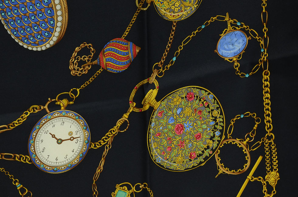 Thumbnail: Authentic Gucci 100% Silk Scarf Black Gold Pocket Watch 90cm Stopwatch Clocks