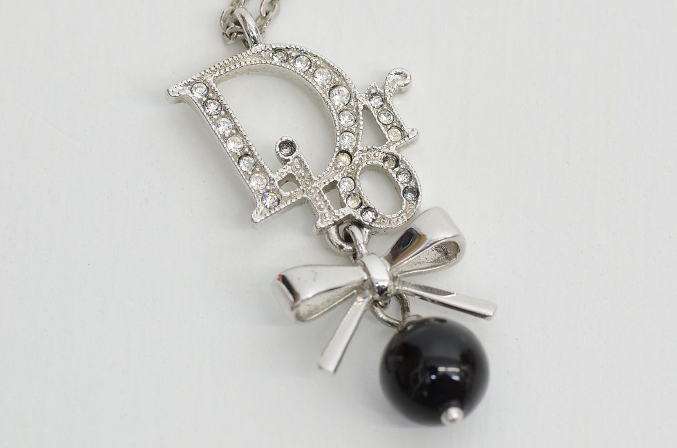 Thumbnail: Authentic Christian Dior Monogram Rhinestone SP Ribbon Black Ball Charm Necklace
