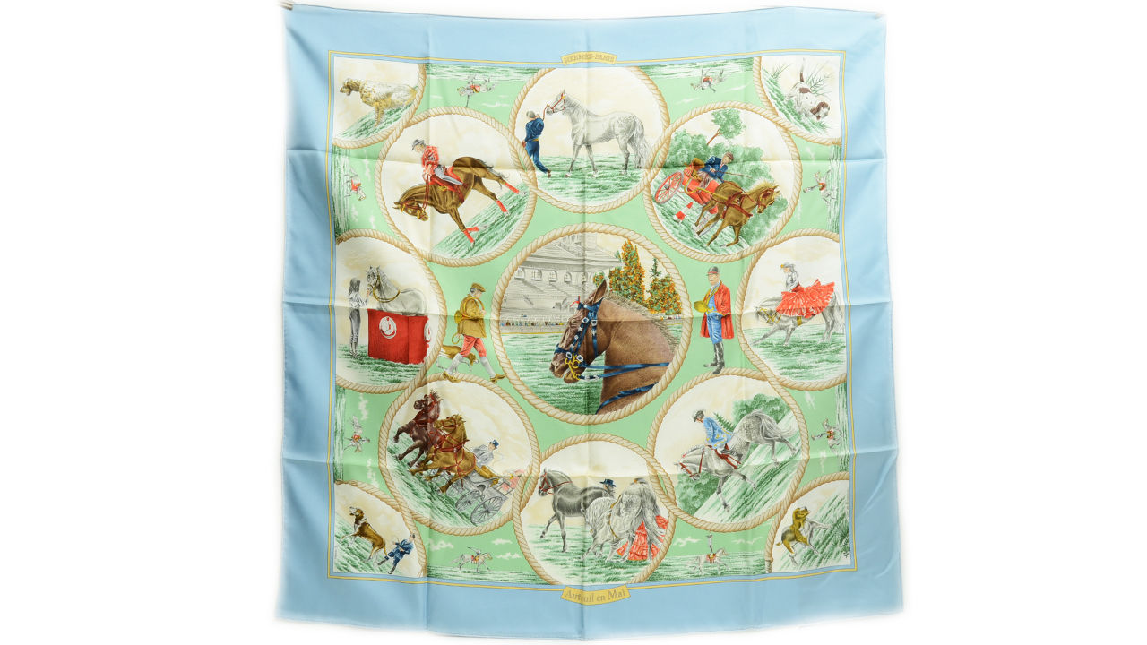 Authentic Hermes Auteuil en Mai Scarf 90cm Silk Parcevaux Blue Vintage Carre