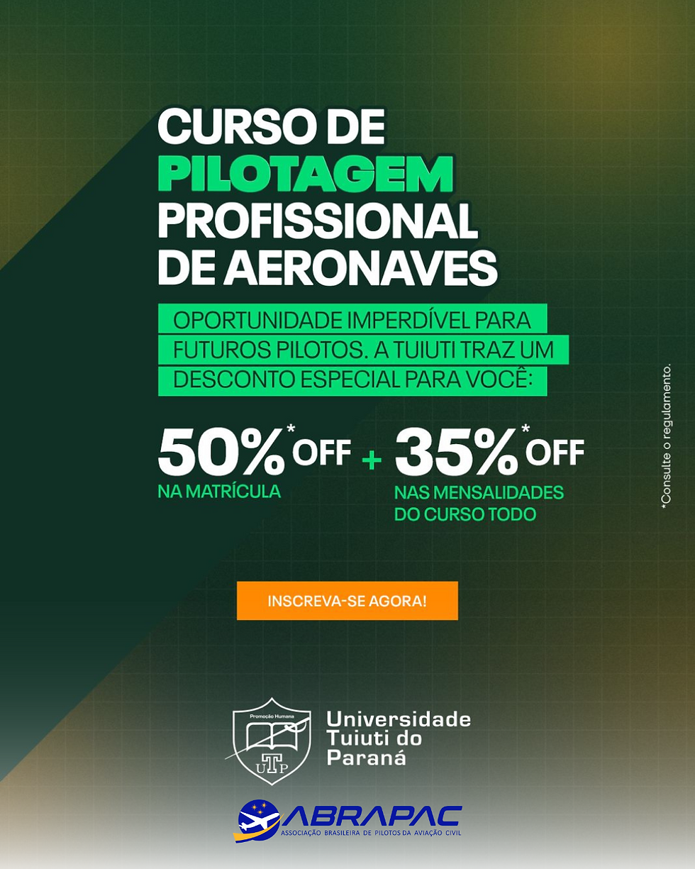 Banner de propagando do curso de pilotagem profissional da Universidade Tuiuti, com valores de desconto para associados ABRAPAC.