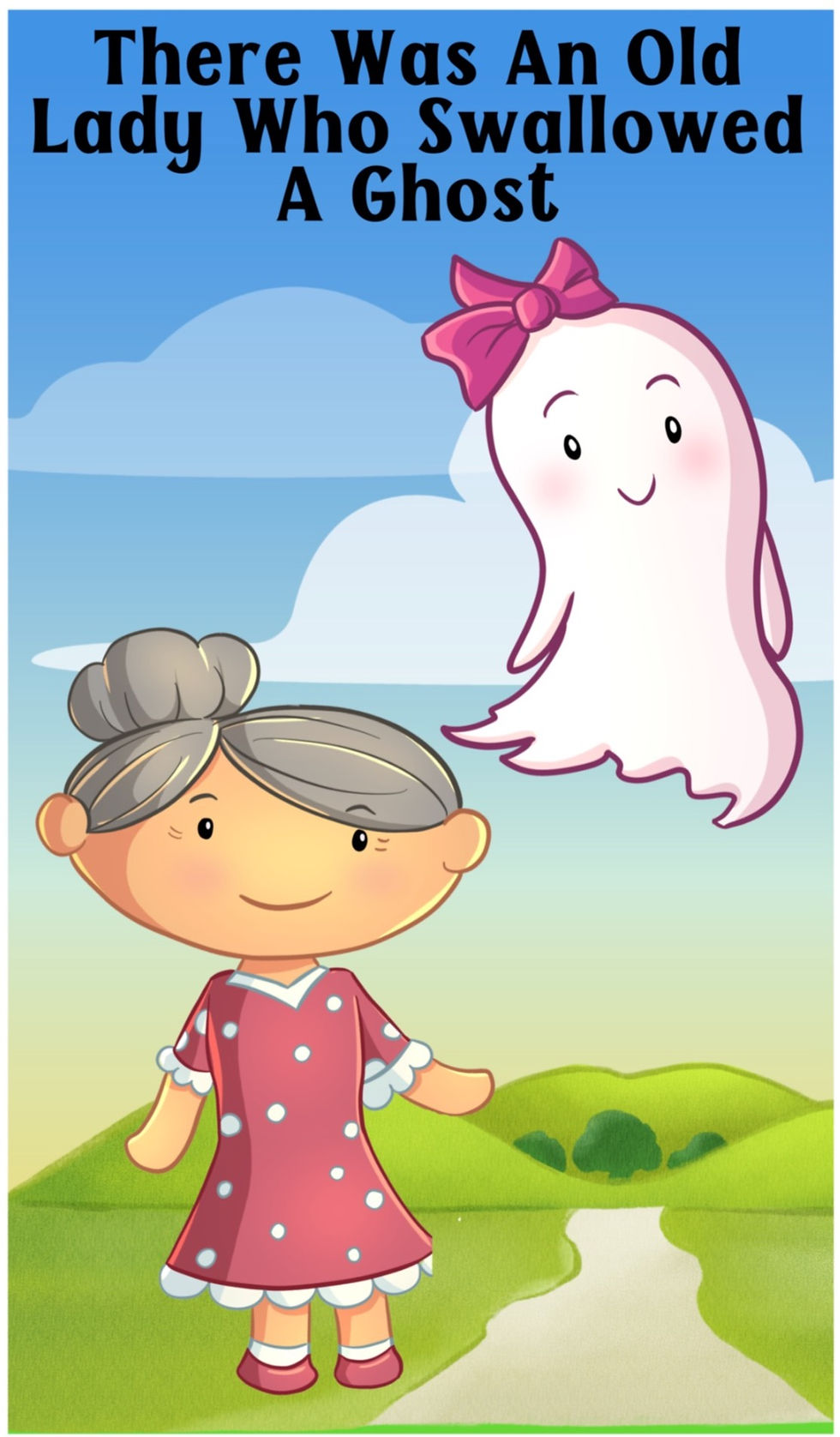 An old lady standing next to a halloween ghost in the "There Was An Old Lady Who Swallowed A Ghost" story book for children. The adapted reading activity is geared towards Elementary school students.