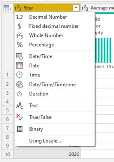 Initial selection of data type