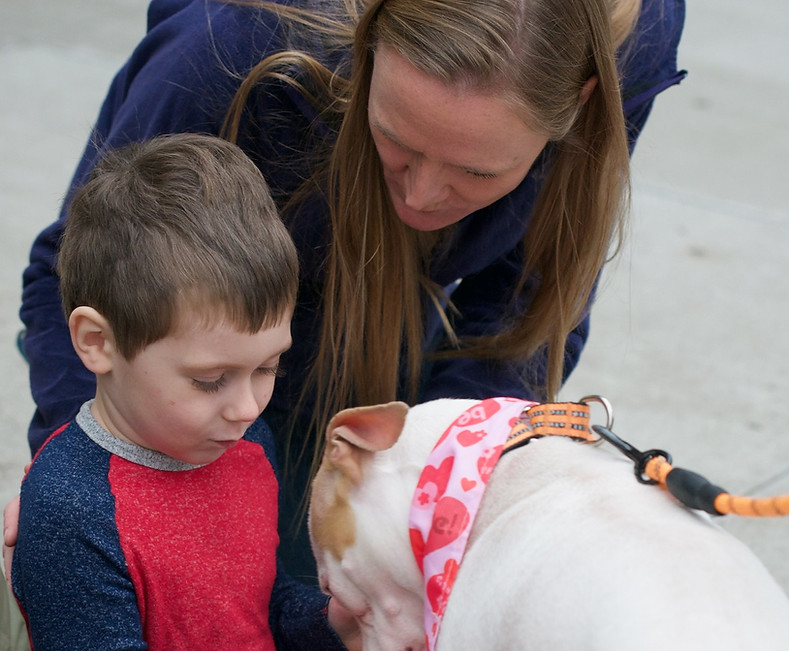 A young boy and woman pet a white dog on a leash.
