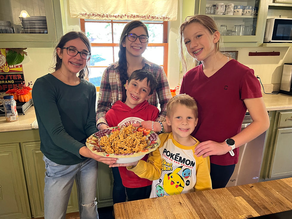 My proud grandchildren, ready to share their bowl of haystacks with their great-granddaddy