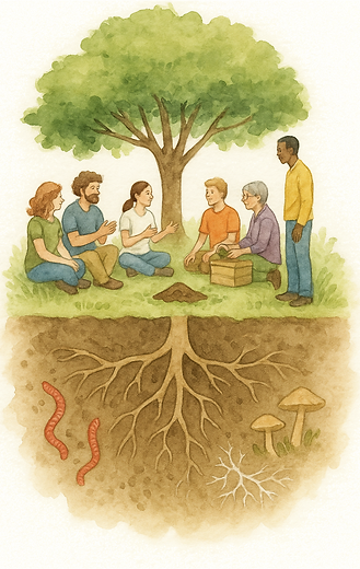 On y expérimente dans le jardin (travail collectif sur le sol, les plantes, l’eau), puis on transpose les principes