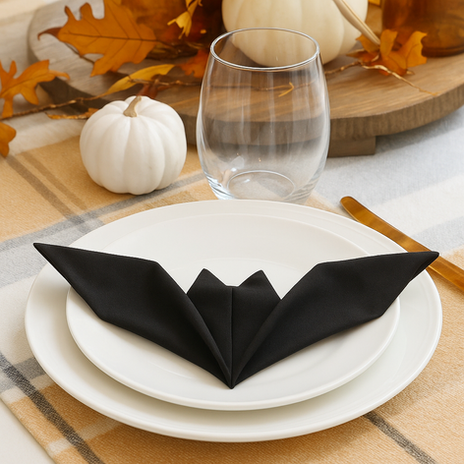 a table setting with a bat napkin on white plates