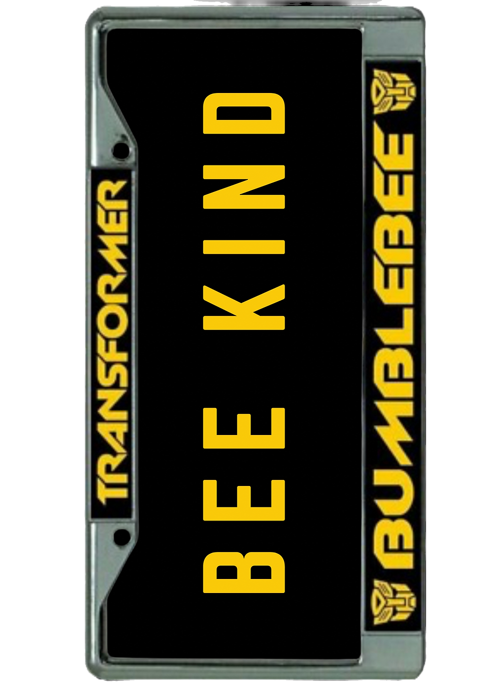License plate frame with "Transformer" and "Bumblebee" in yellow on black. Central text reads "BEE KIND" in bold yellow.