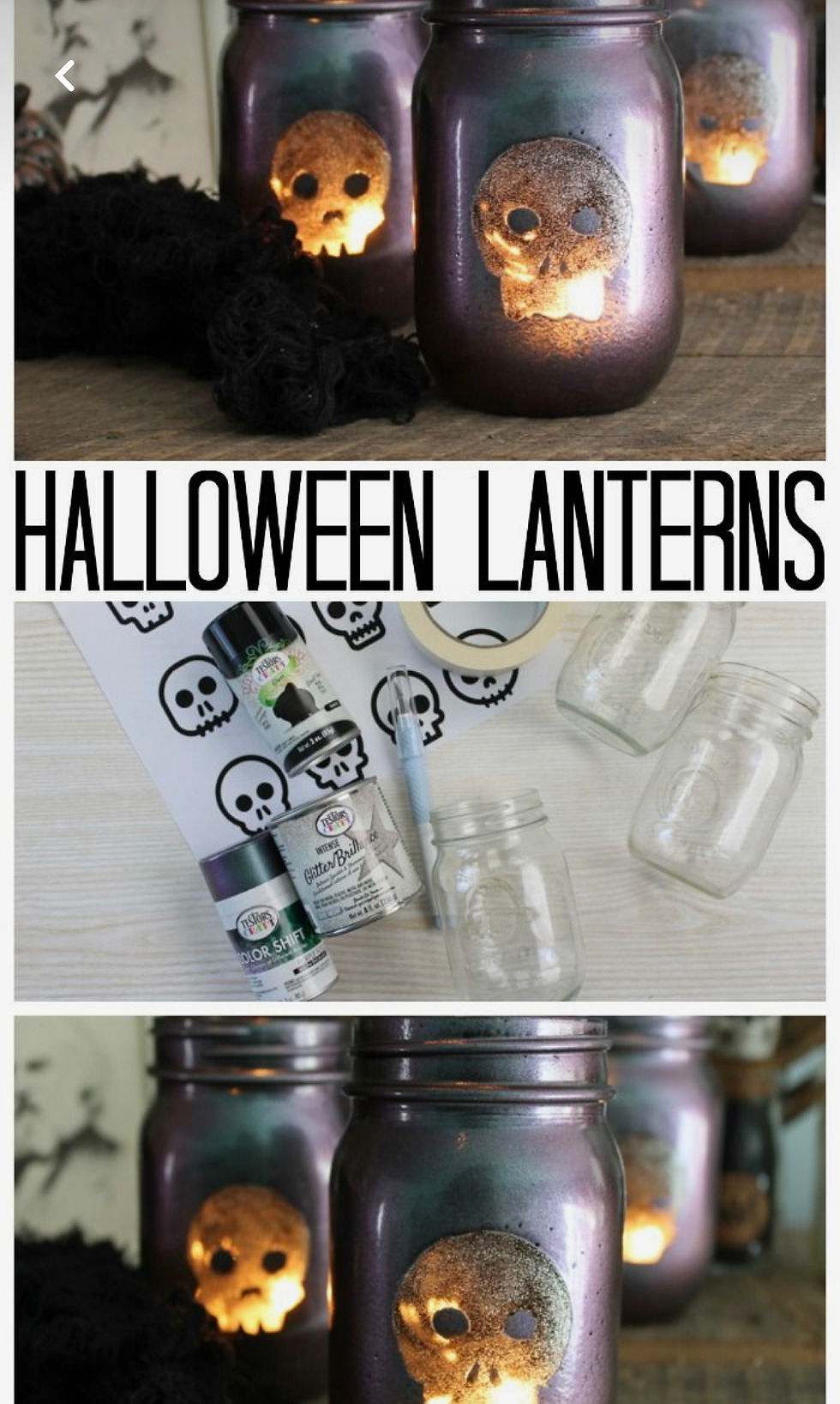 A compilation photo of halloween decorations that are lanterns with skulls in painted mason jars glowing from a candle