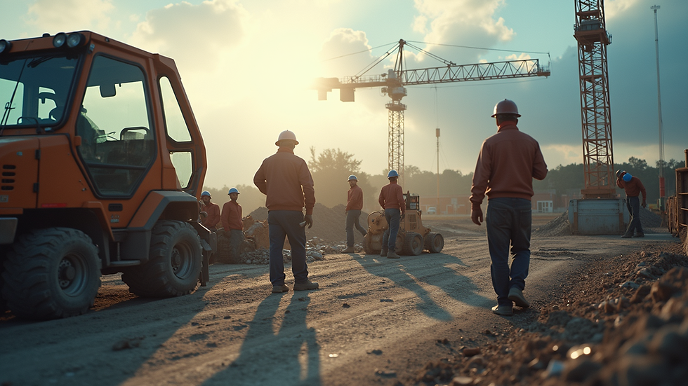 Eye-level view of a construction site with workers and machinery