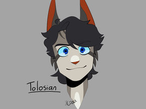Anime-style cat character with blue eyes and red-tipped ears on a gray background. "Tolosian" appears content.