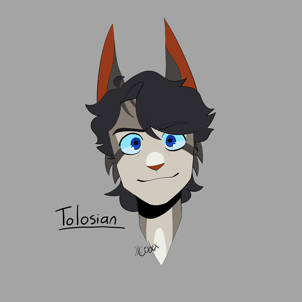 Anime-style cat character with blue eyes and red-tipped ears on a gray background, labeled "Tolosian." Appears content.