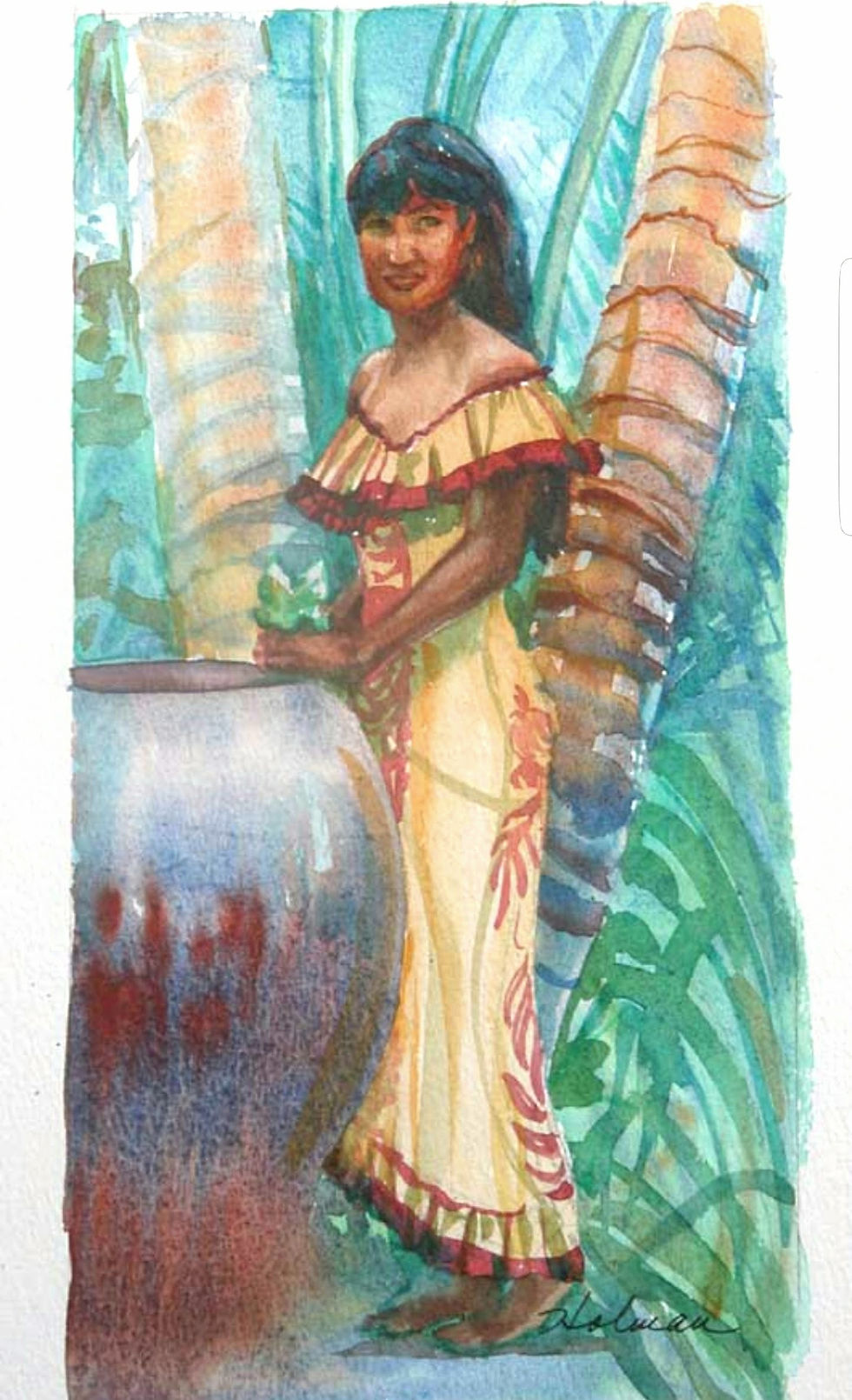watercolor portrait of hawaiian girl