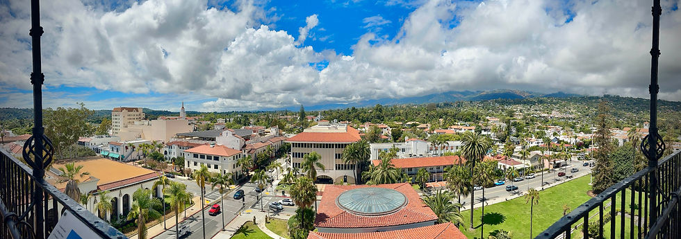 View from the Santa Barbara County Courthouse clock tower overlooking downtown and the Pacific Ocean