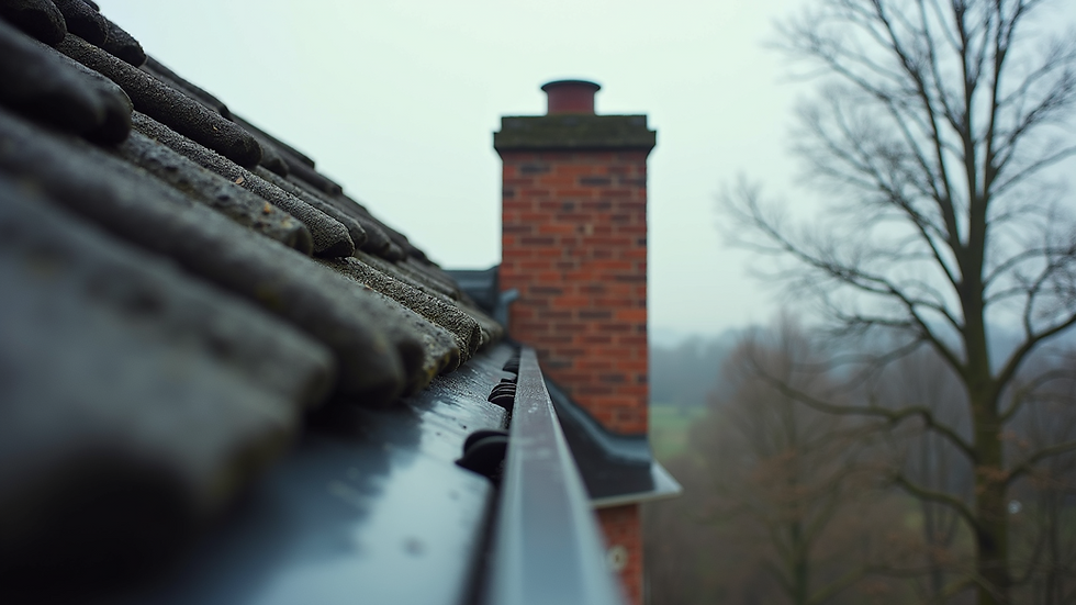 Eye-level view of roof flashing around chimney