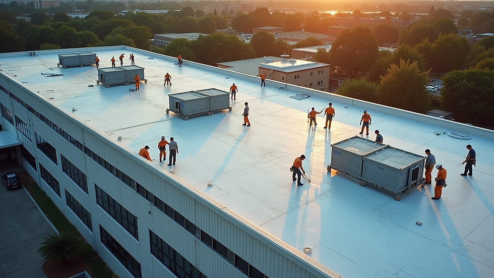 High angle view of a large roofing crew working on a commercial building roof in Dallas