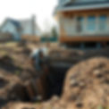 Create a photo that reflects a worker digging or trenching under the foundation of a house