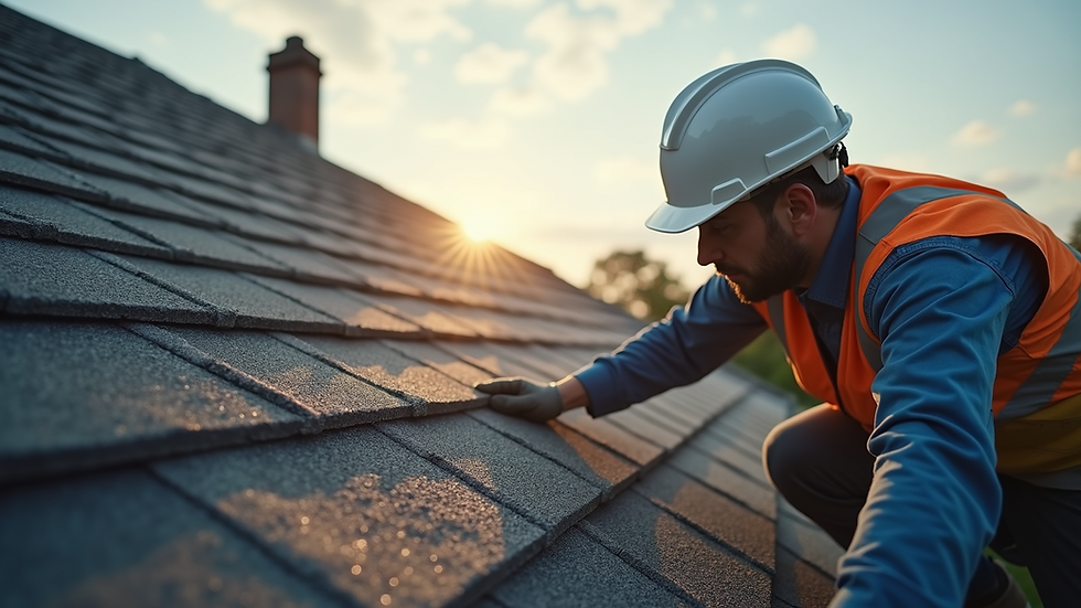 Eye-level view of a roofing contractor inspecting shingles on a residential roof
