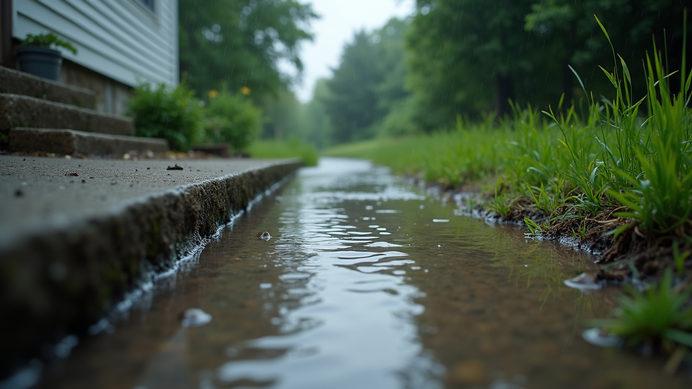 High angle view of water pooling near a house foundation after heavy rain