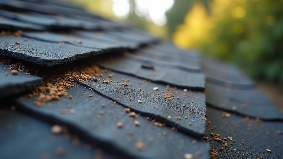 Close-up view of damaged roof shingles with granule loss