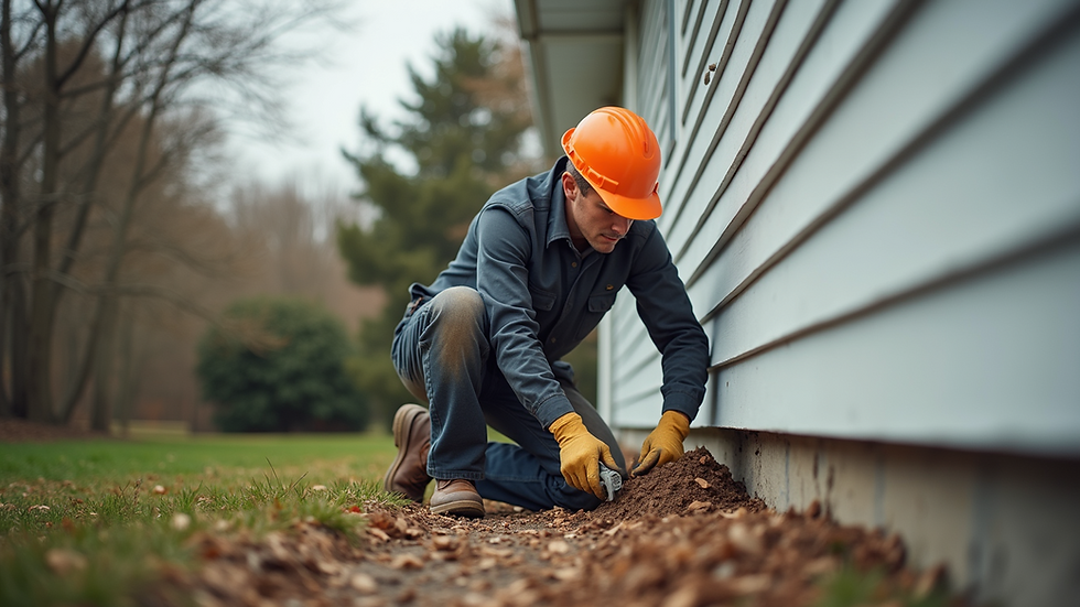 Eye-level view of a foundation repair professional inspecting a house exterior