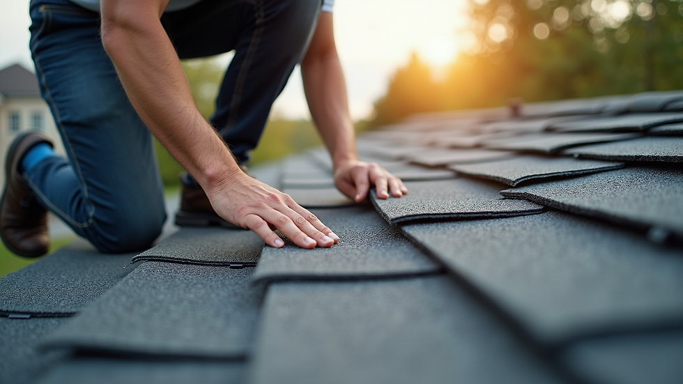 Close-up view of a roofing professional inspecting shingles on a residential roof