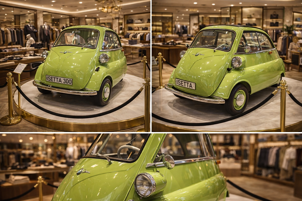 Eye-level view da Romi Isetta em ambiente de exposição com iluminação especial