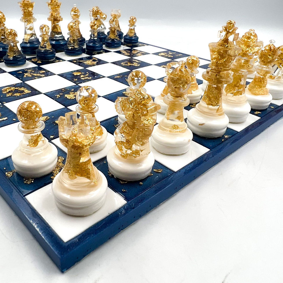 Miniatura: Jogo de Xadrez Azul Marinho e Branco com Folhas de Ouro