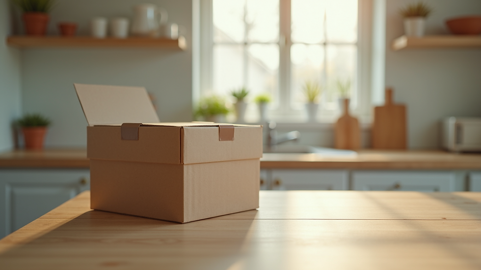 Eye-level view of a neatly packed healthy meal delivery box on a kitchen counter