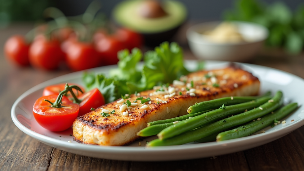 Eye-level view of a nutritious ready meal with vegetables and lean protein on a plate