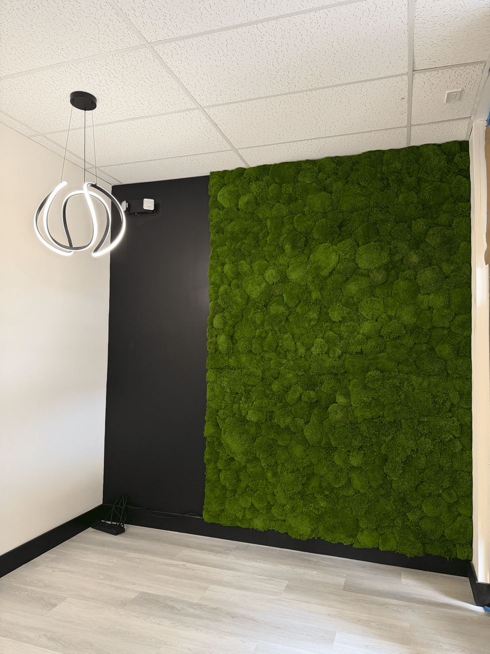 Green moss feature wall inside a modern wax studio