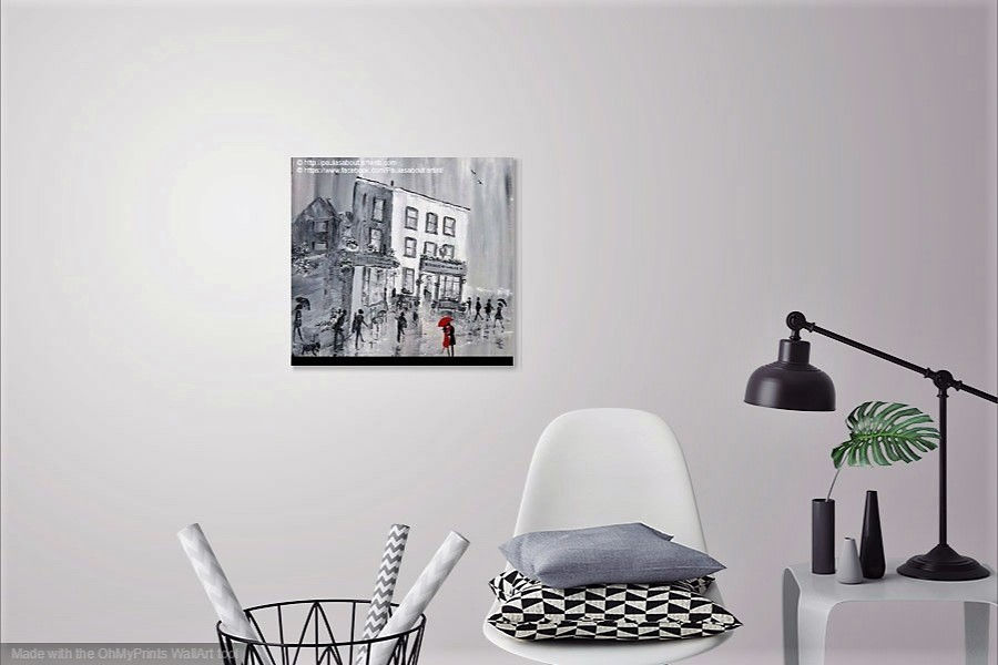 Thumbnail: black and white cityscapes, Lady in red, rainy day, reflections, umbrella , Birmingham, pub, Moseley Village