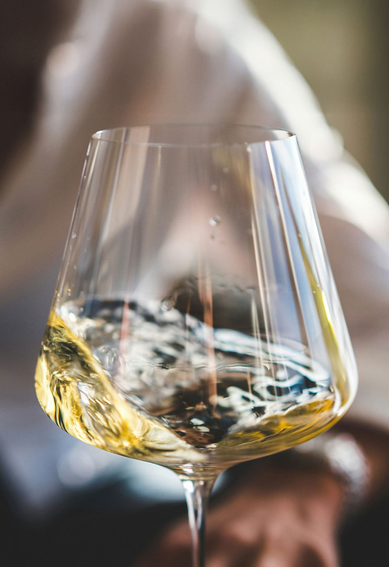 Glass of golden white wine held against a blurred background, capturing the sensory experience of tasting and savoring wine.