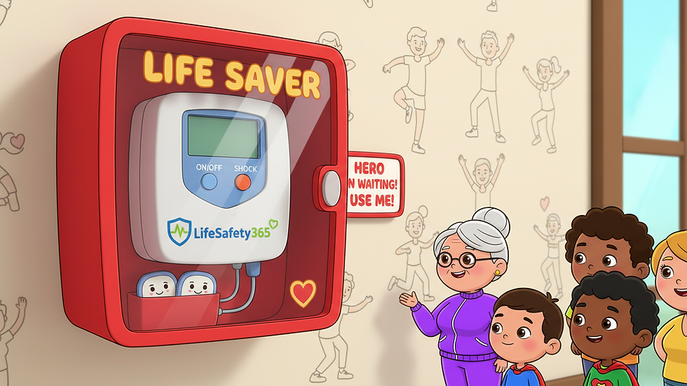 Close-up view of AED device mounted on a wall in a community center