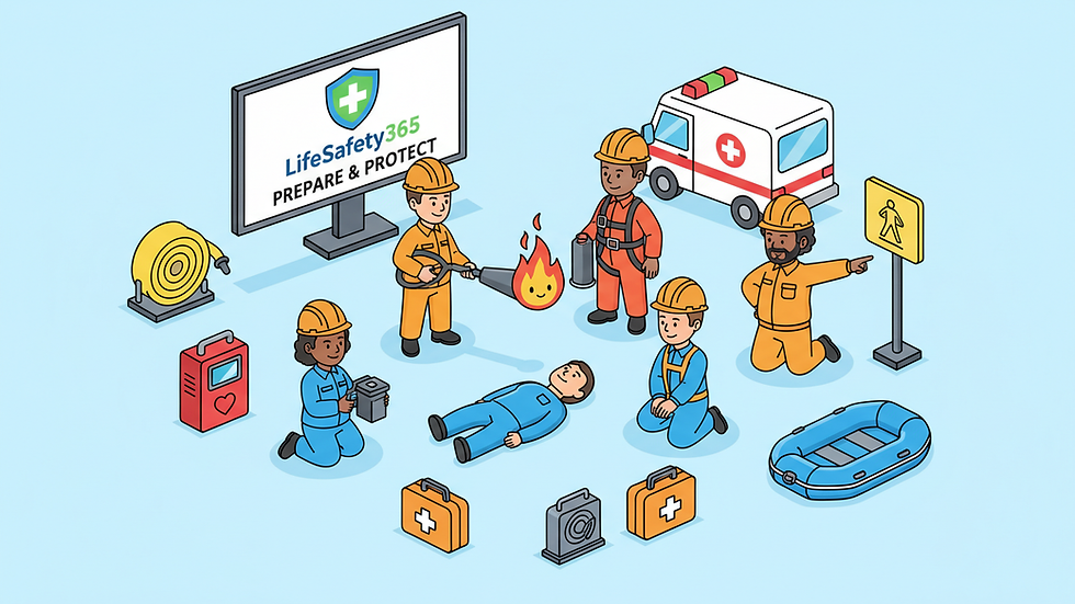 High angle view of a safety training session in progress with emergency equipment