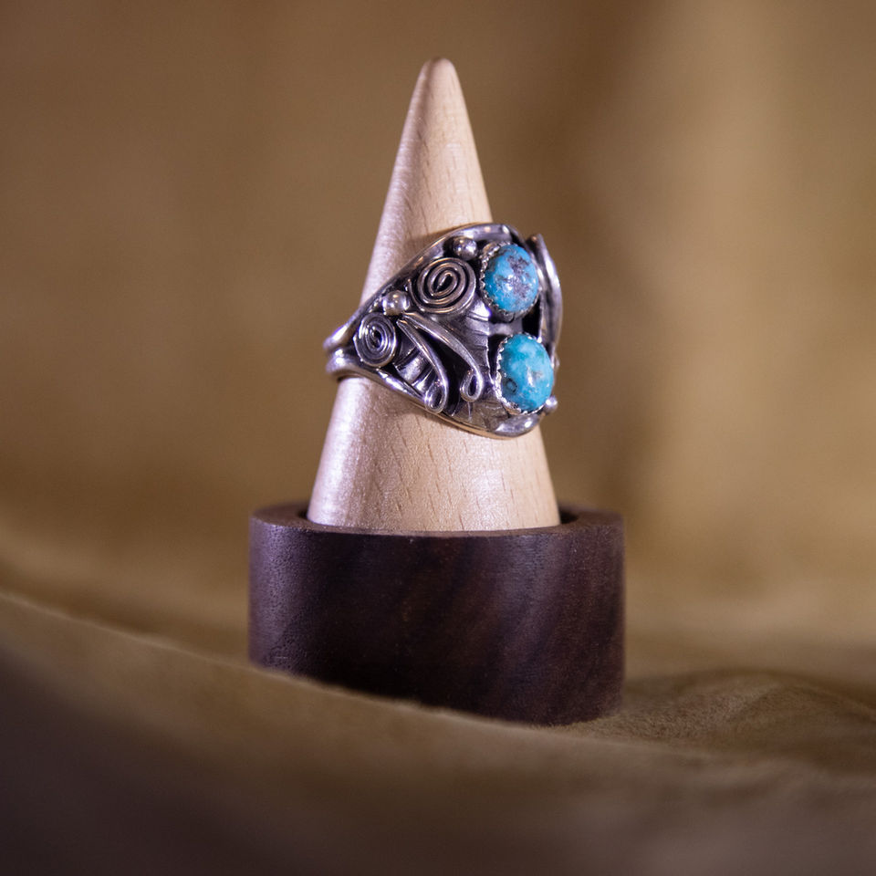 Vintage Sterling Silver Double Turquoise Ring — Front/Left Side View