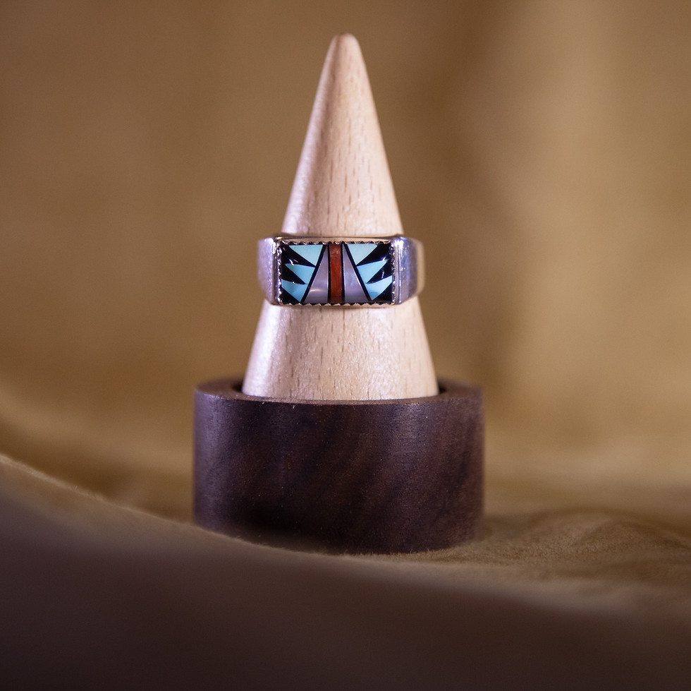 Vintage Sterling Silver Southwestern Inlay Ring — Turquoise, Onyx & Spiny Oyster Front View