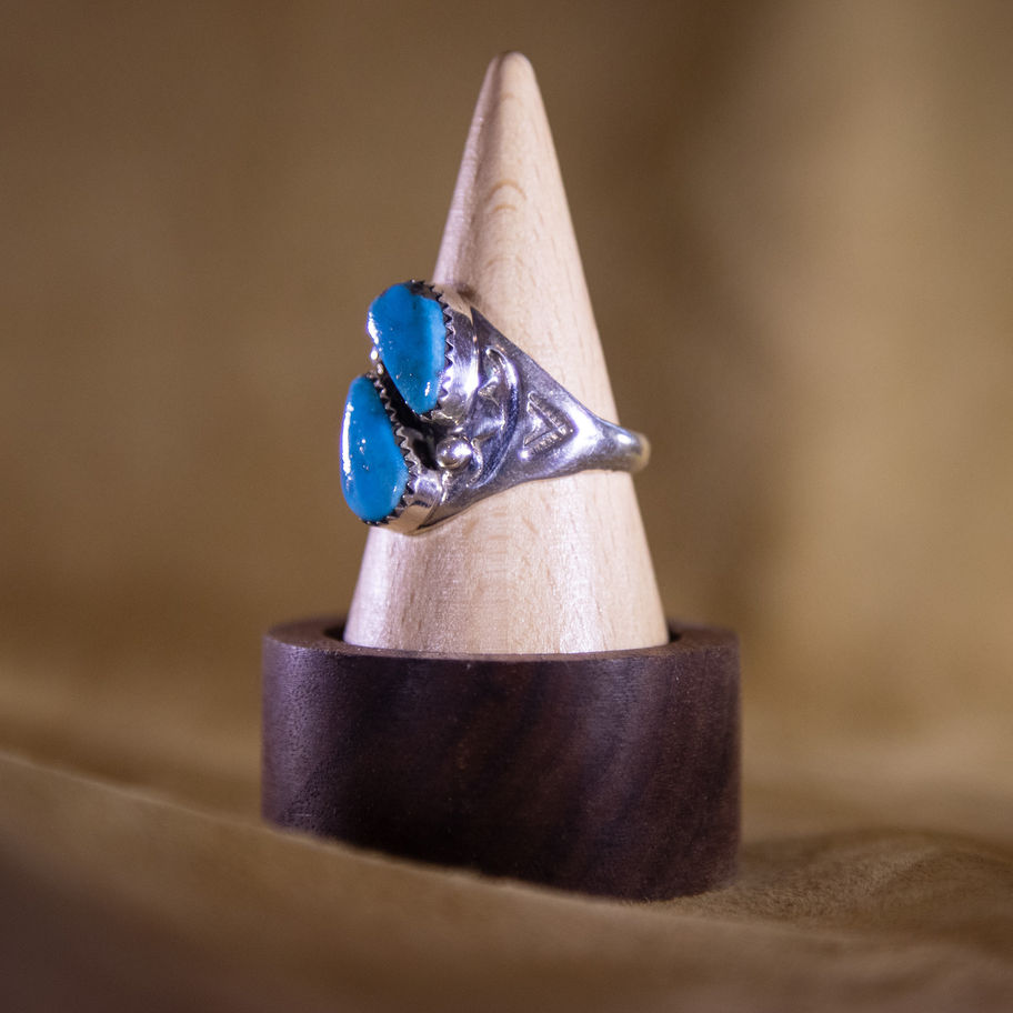 Vintage Navajo Sterling Silver Double Turquoise Ring — Front/Right Side View