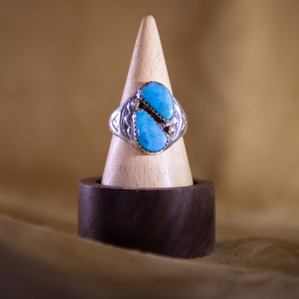 Vintage Navajo Sterling Silver Double Turquoise Ring — Front View