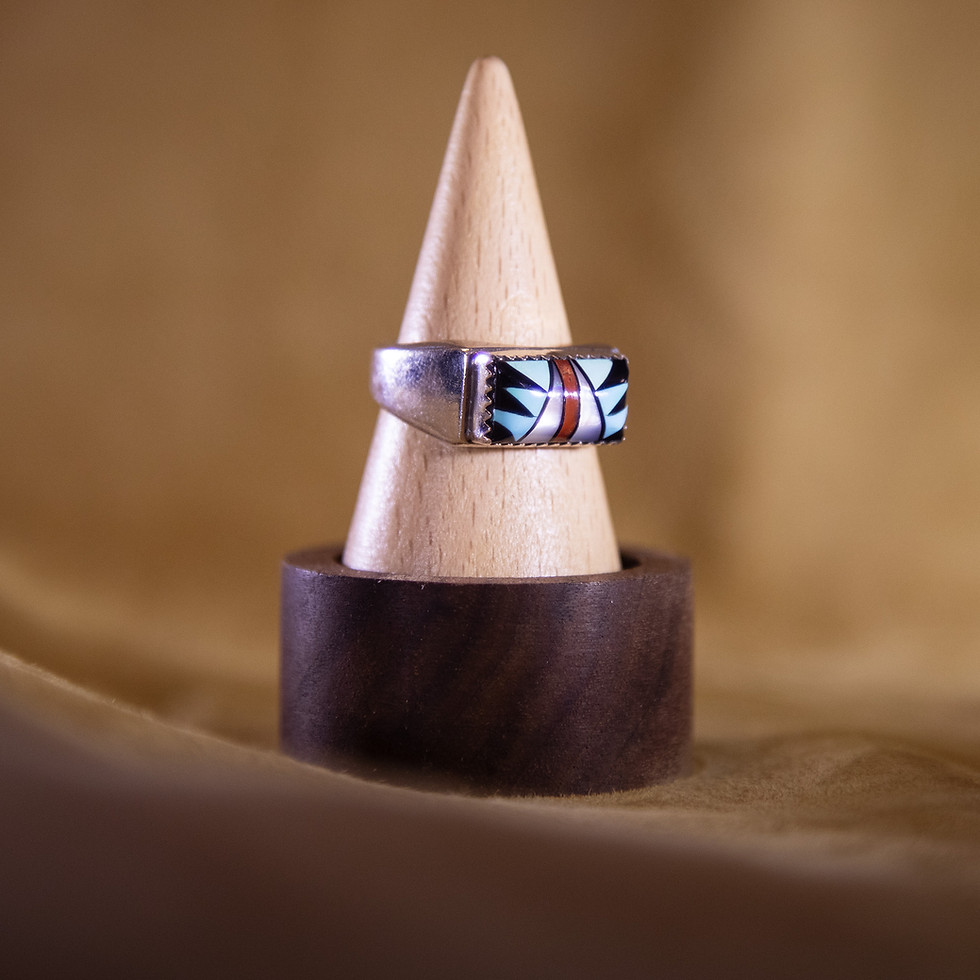 Vintage Sterling Silver Southwestern Inlay Ring — Turquoise, Onyx & Spiny Oyster Side View