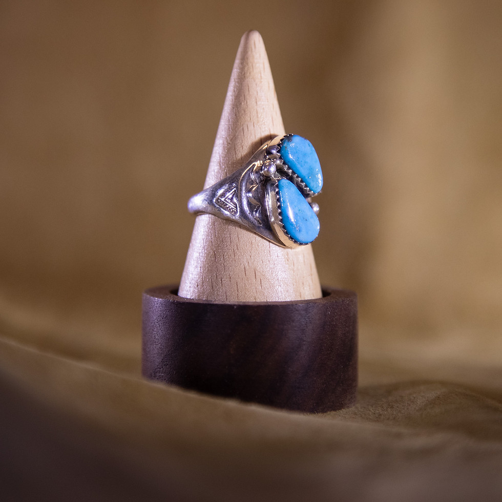 Vintage Navajo Sterling Silver Double Turquoise Ring — Front/Left Side View