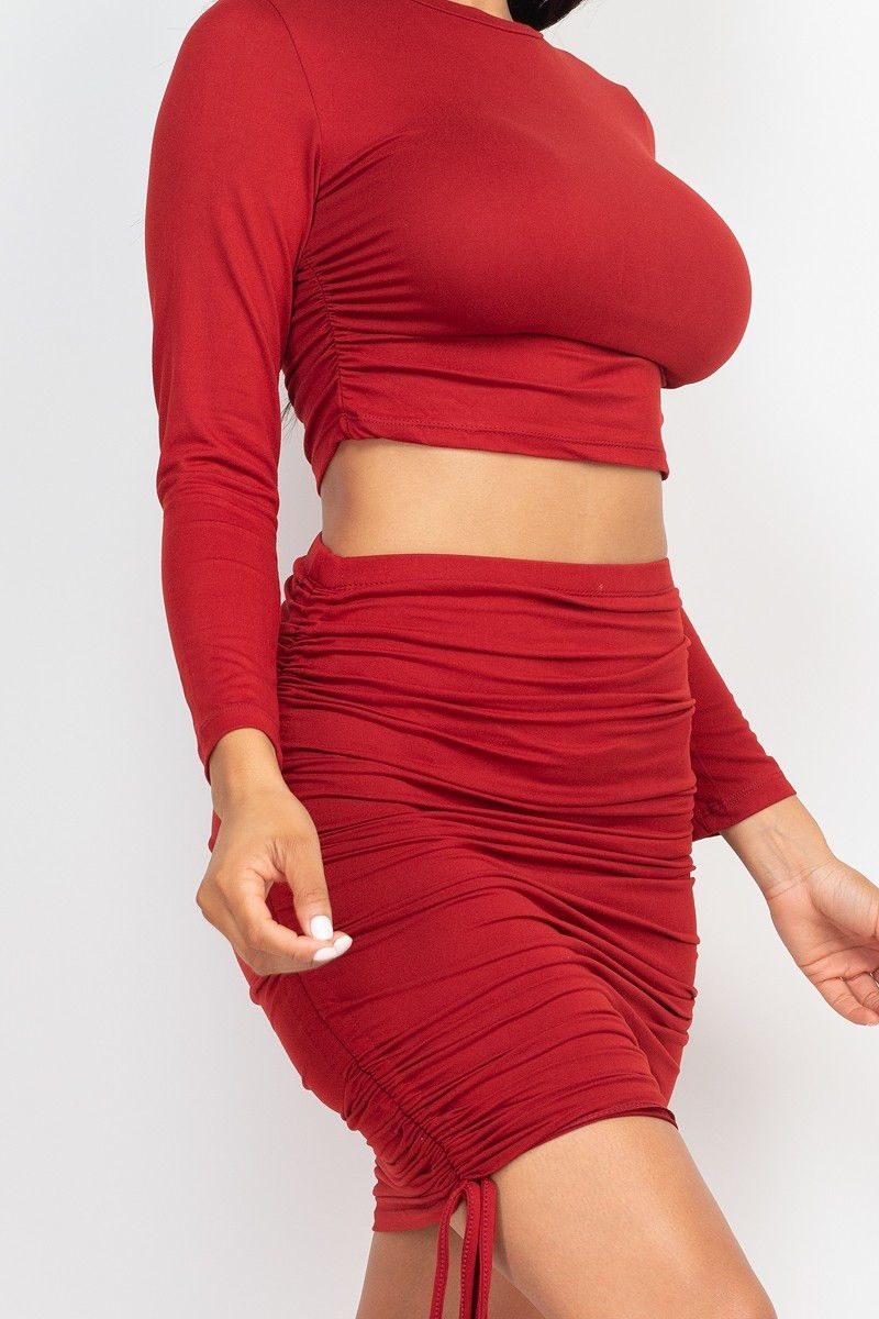 Thumbnail: Ruched Side Crop Top & Drawstring Skirt Set