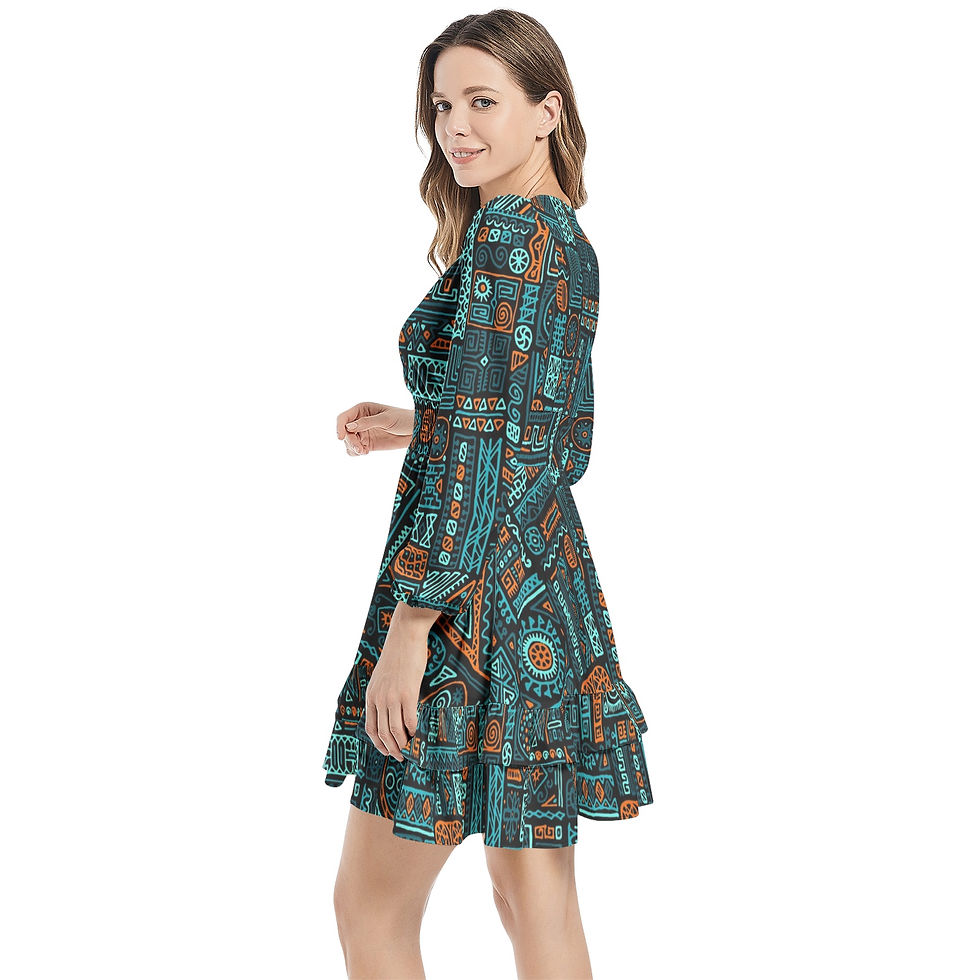 Thumbnail: Long Sleeve Tiered Ruffle Hem Elastic Waist Mini Dress