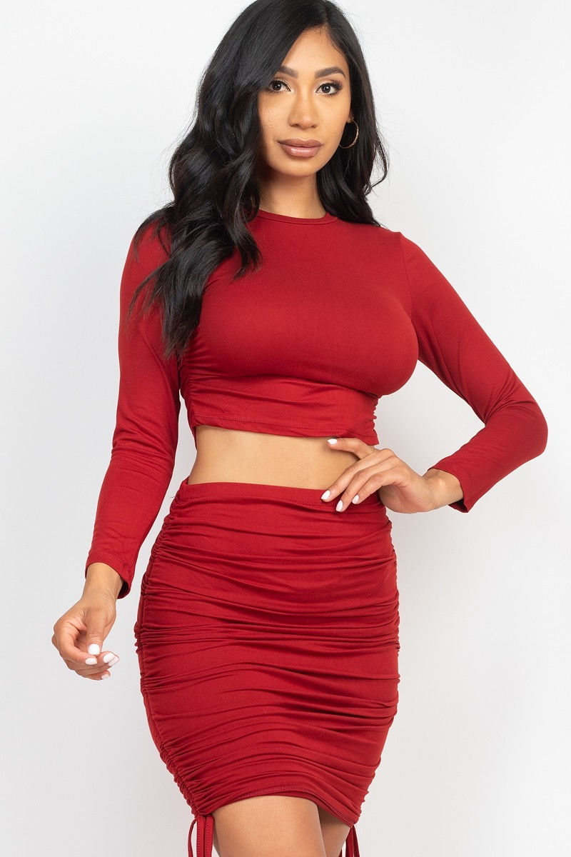 Thumbnail: Ruched Side Crop Top & Drawstring Skirt Set