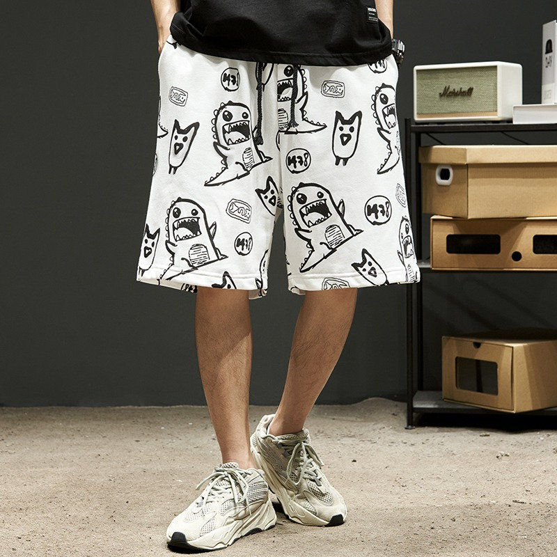 Front View of White Dino Monster Printed Japanese Shorts
