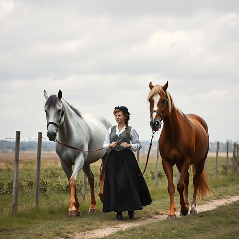 a victorian style woman, walking two horses on lead lines from pasture.jpg