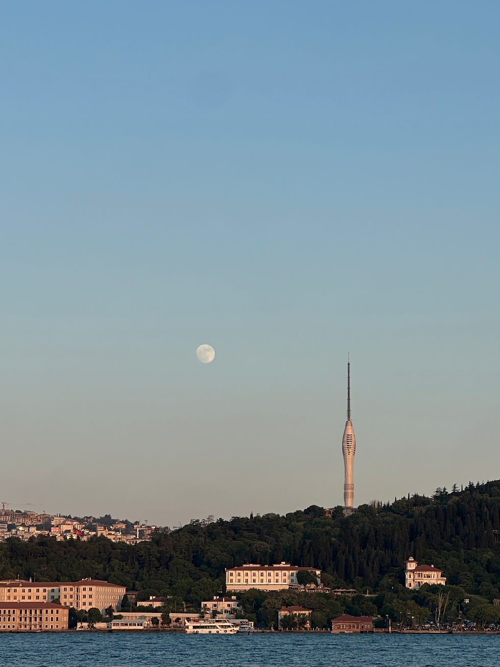 Moon over Istanbul skyline at dusk, with a prominent tower and green hills. The calm sea reflects serene evening light.